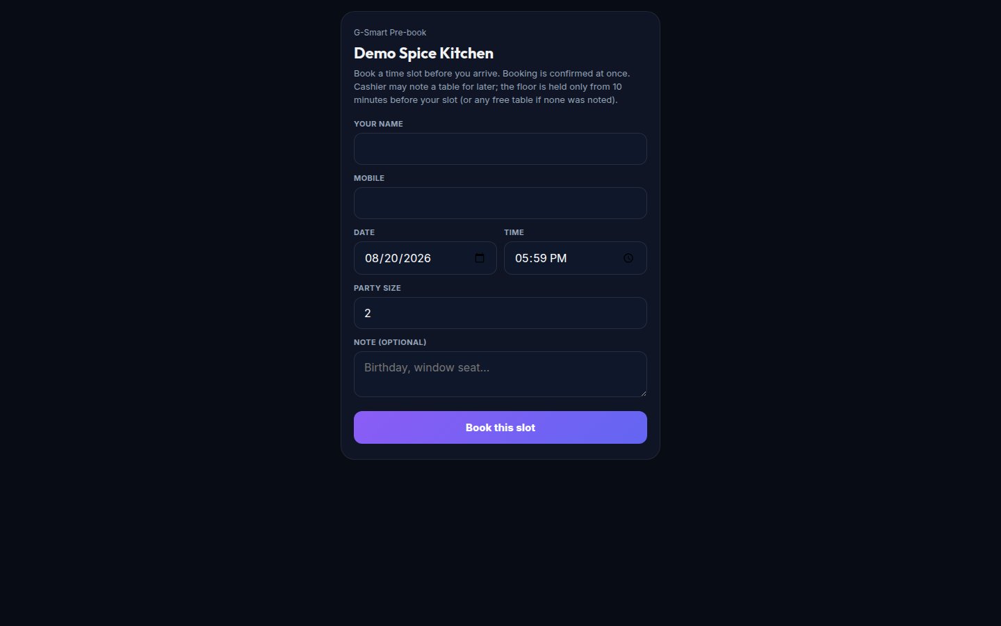 Table Booking Page